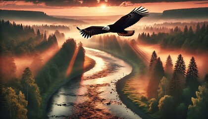 夕日を背景にワシが飛ぶ