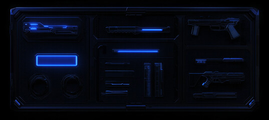 Obraz premium Digital hologram window with high tech screen for game interface. Set of square frames with text and blocks.