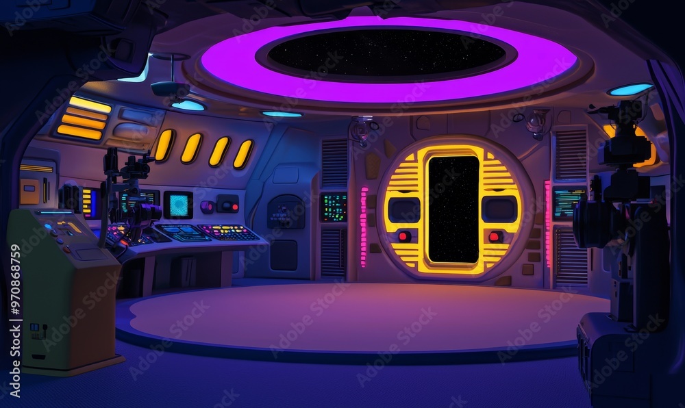 Leinwandbilder An illustration rendering of a cyberpunk sci-fi product podium mounted in a spaceship with a yellow blue purple and pink background. A concept for technology and objects.