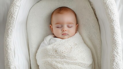 Newborn baby being gently rocked in a cozy bassinet, wrapped in a warm blanket, Baby rest, comfort, security