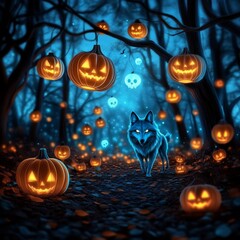 Halloween Wolf in Jack O Lantern Forest