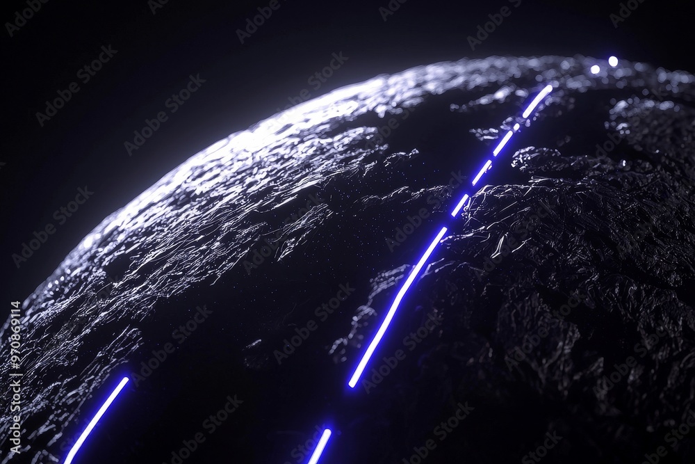 Poster an artist's view of a glowing polygonal grid planet on a dark background. globe, international map, 