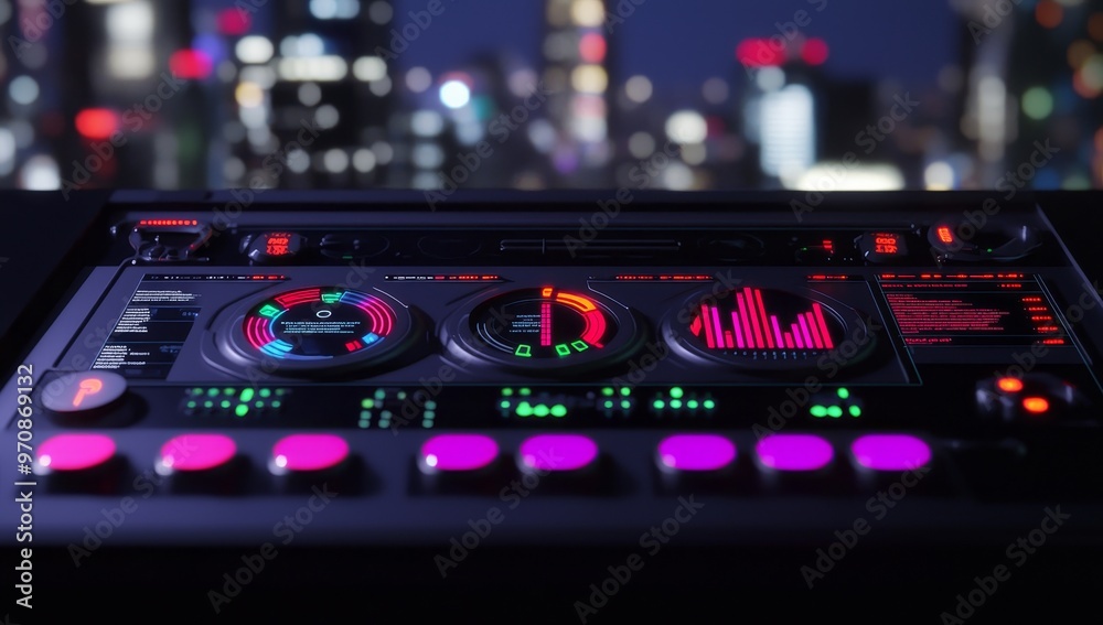Poster HUD target aim controls on futuristic screen interface with sight, data, and digital holographic city buildings. Three-dimensional render of the scenario.