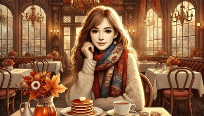 アンティークな椅子に座りコーヒーを飲む女性