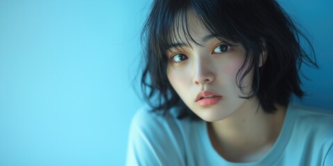 Fototapeta premium A studio close-up portrait of a young Asian woman wearing a casual t-shirt, with a colourful background.