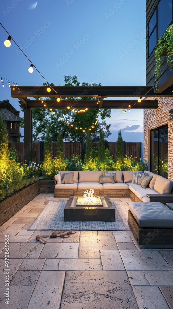 Poster a patio with a fire pit and a large couch