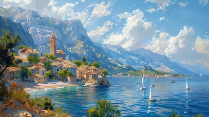 Oil Painting of a Small Town on the Mediterranean Sea