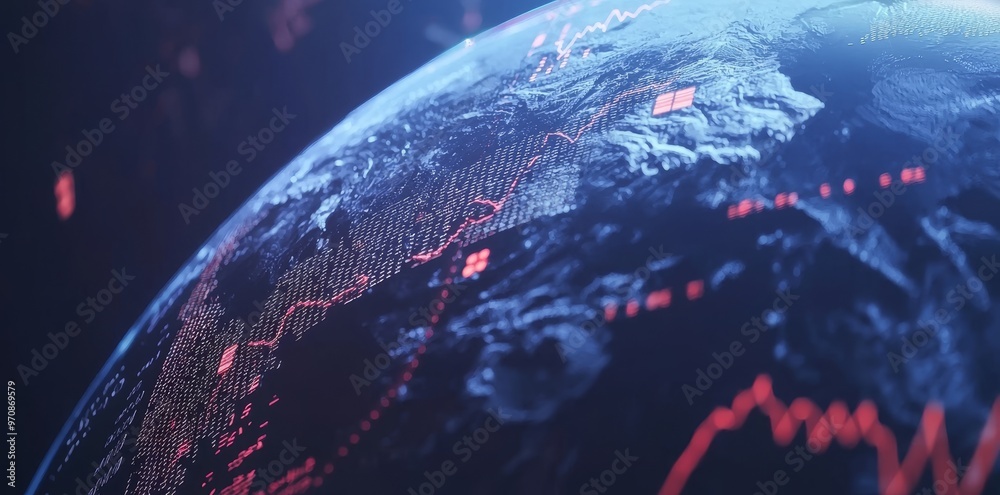 Fototapete The concept of global network connections and innovation with the abstract world statistics data on the digital interface and on the world map on the dark technological background, as represented by