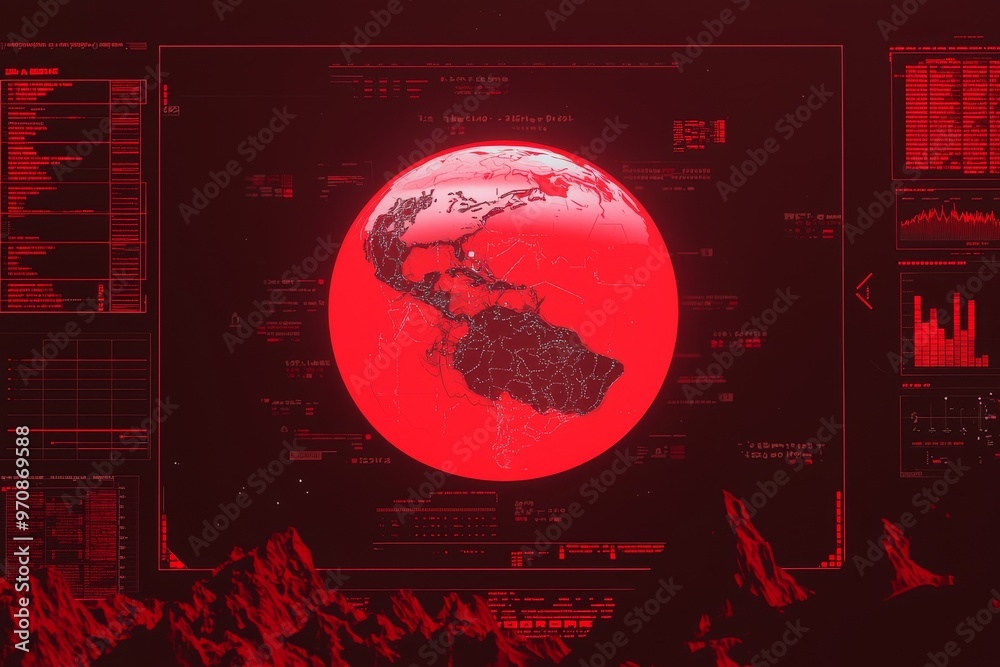 Aufkleber In the center of composition is a world map with a screen texture of a digital interface on a dark technological background. This is a rendering of the hud template.