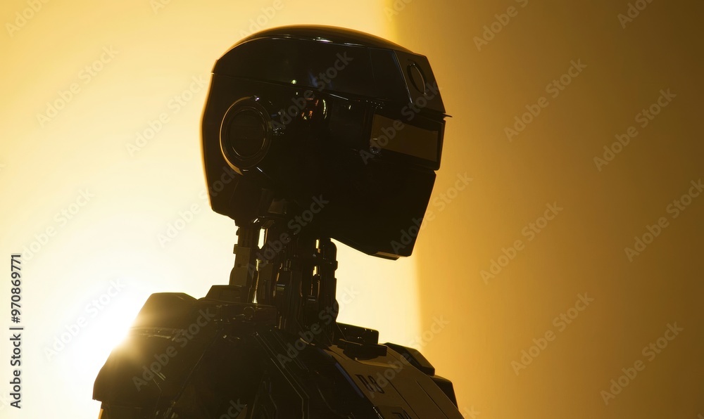 Poster Humanoid robots with augmented reality interface on futuristic background. Future concept of robots as cybernetic organisms working with augmented reality interfaces.
