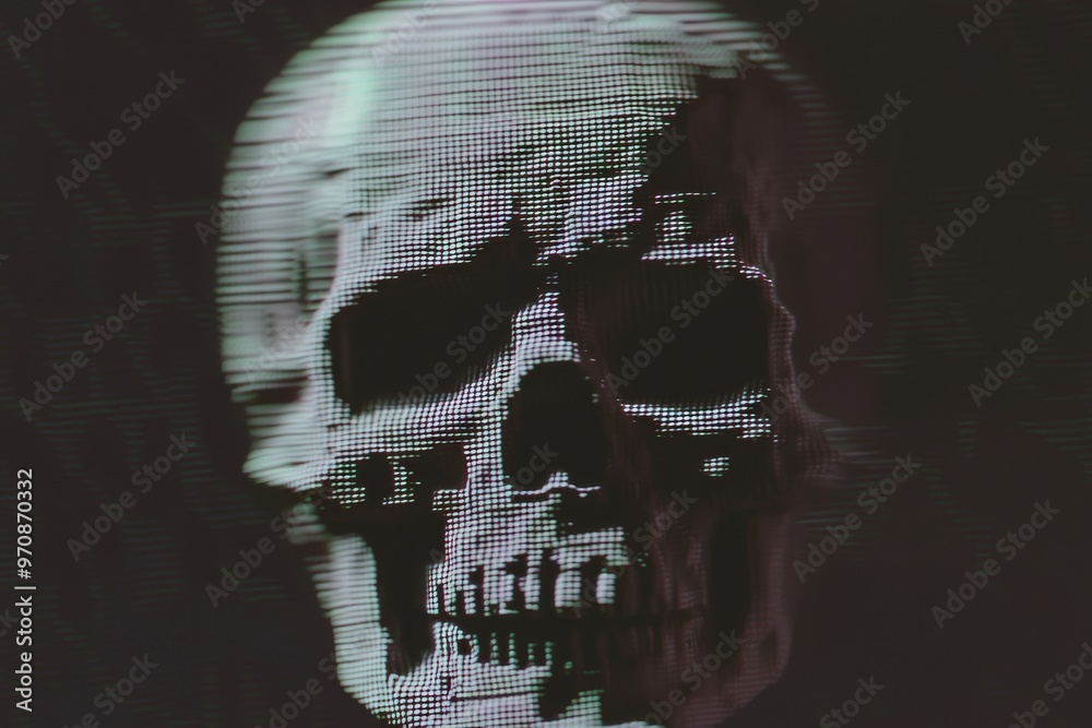 Poster virus, crime and hacking concept with a glowing blue glitch skull hologram. 3d render.