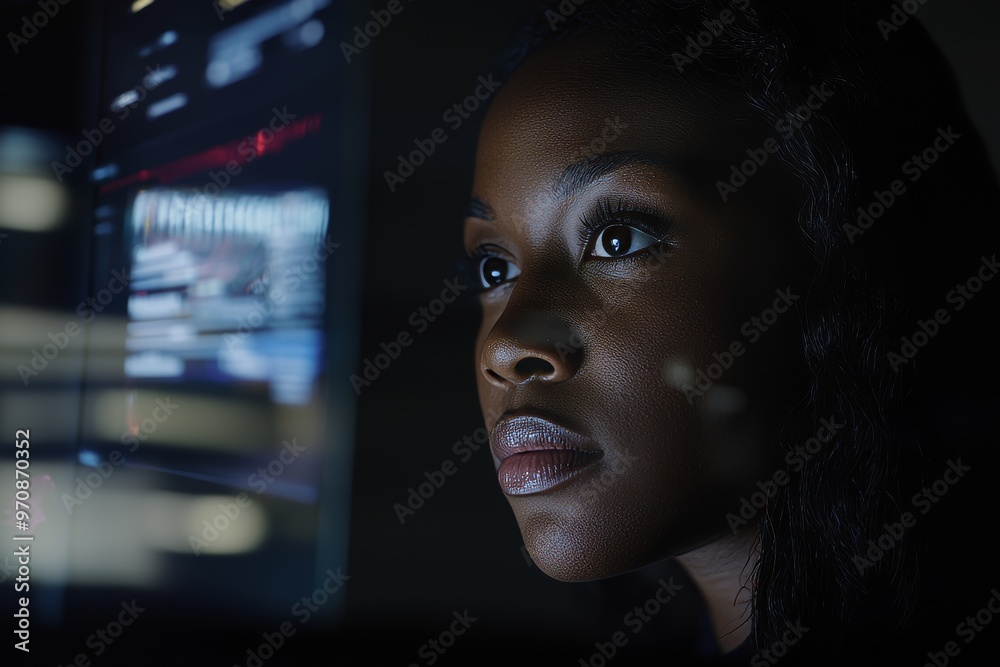 Poster An office worker in black and a futuristic graphical user interface. ICT (Information Communication Technology). Designing a system.