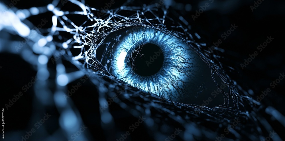 Poster a blue digital eye iris with a blurry technology background. a technology and vision concept. 3d ren