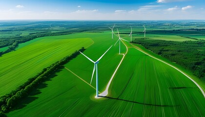 Breathtaking aerial perspective of wind turbines in a vibrant green landscape capturing renewable energy against a backdrop of serene blue skies