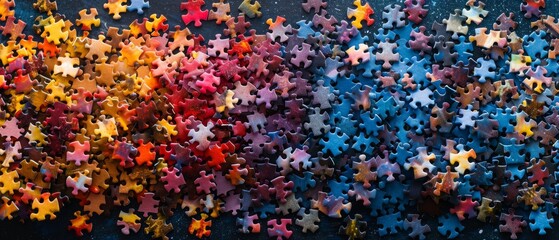 Ultra-sharp top-down photo of bright puzzle pieces spread out, symbolizing World Autism Awareness Day with a focus on inclusion and celebrating differences
