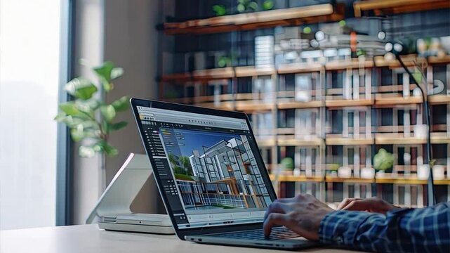 Architect's Vision: A hands-on architect focuses on a digital 3D model of a building, showcasing the meticulous detail and creative process involved in architectural design. The image captures the pas