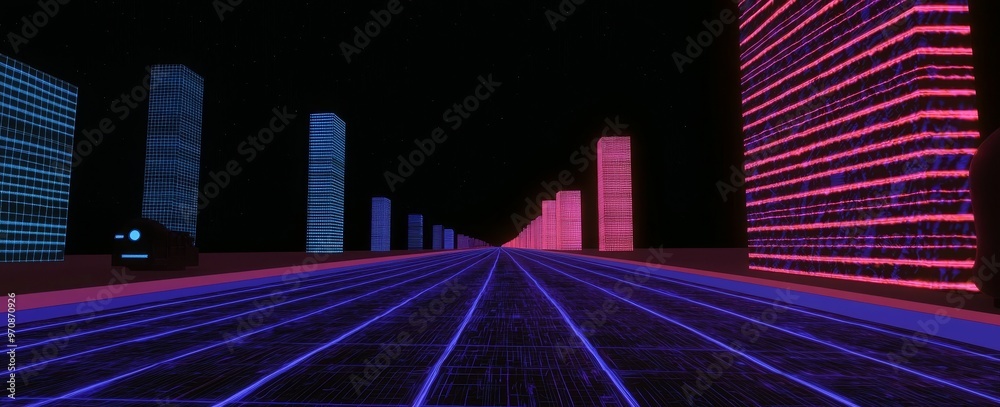 Poster Cyberpunk future neon light background. Digital city metaverse.