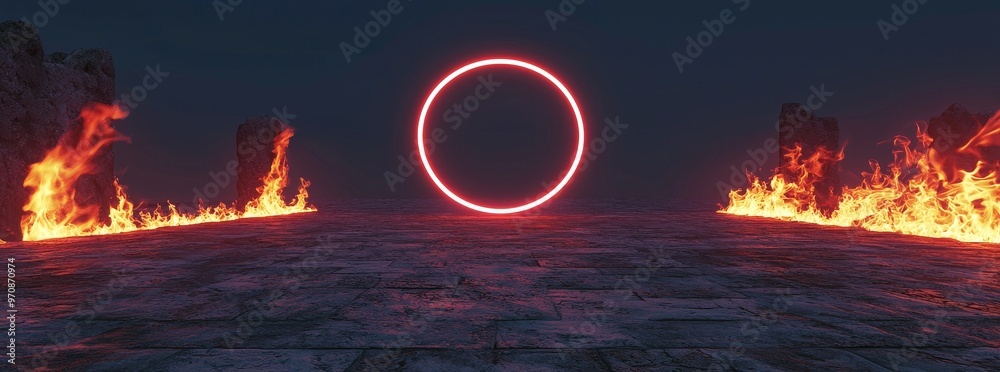 Poster Background portal cyber-tech cyberpunk digital element show space future room with virtual podium 3D light game circle blue neon stage.