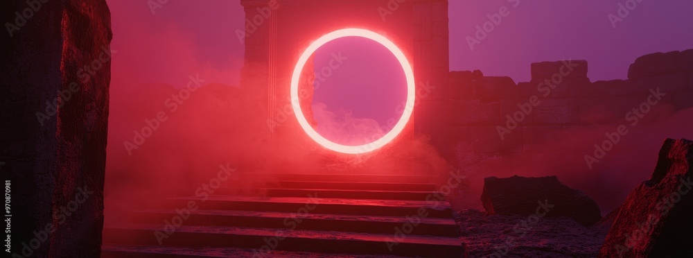 Poster Tech-technology background portal circle cyberpunk effect digital. Modern futuristic data concept neon vr fi abstract cyberpunk podium hologram light blue.