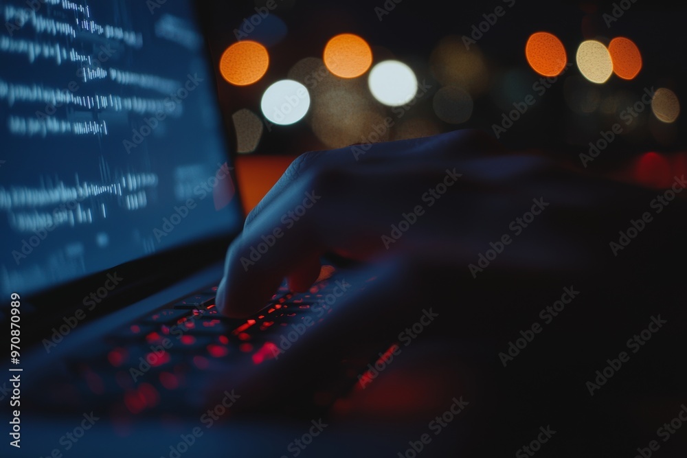 Aufkleber The figure of a hand operating a laptop keyboard against a digital backdrop reminiscent of a city skyline represents computer work and coding
