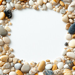 Obraz premium Pebble Frame on White: Smooth, colorful pebbles form a natural, textured border on a clean white background, offering a serene and grounding space for your message. 