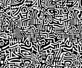  Black and white abstract hand-drawn doodles .Seamless pattern.