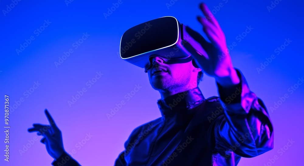 Poster A smart man is looking at big data or using a VR headset to explore the virtual world. A Caucasian is exploring a metaverse as he touches simulated programs. Technology. Deviance.