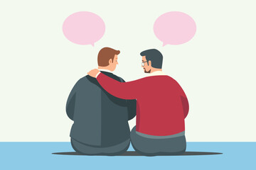 Obraz premium mental support sympathy concept. man comfort sad friend. father -son, brother , family. minimal vector illustration 
