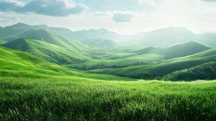 Fototapeta premium Serene Valley Vista: Verdant hills roll under a dramatic sky, a tapestry of nature's tranquility. 