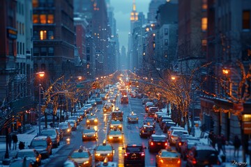 Ultra-sharp photo of a vibrant cityscape at dusk, featuring illuminated skyscrapers and busy streets below, showcasing the dynamic energy of the city.