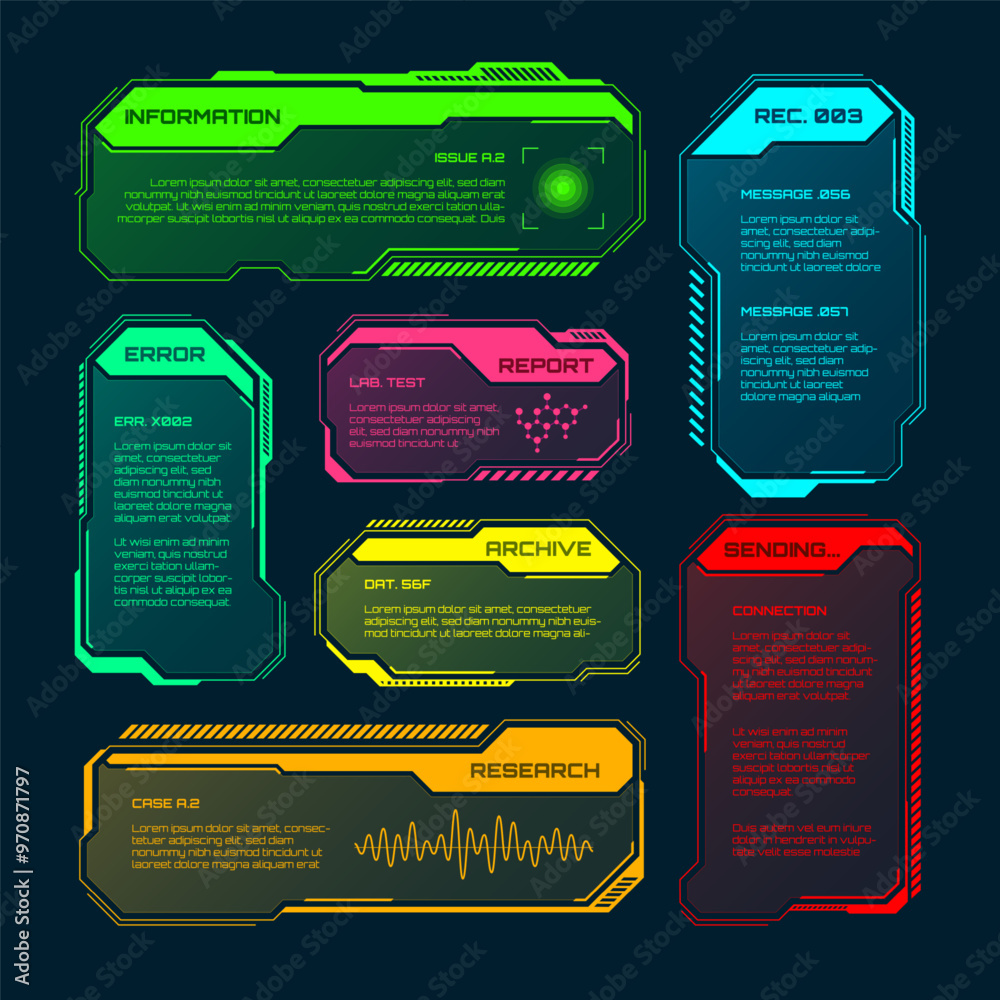 Poster futuristic hud or ui elements. sci-fi user interface text boxes, callouts. colorful warning message 