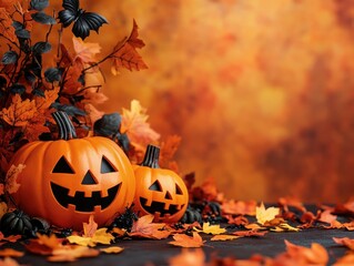 Spooky Halloween scene featuring carved pumpkins surrounded by colorful autumn leaves and decorations.
