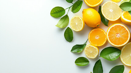 Citrus Burst: A vibrant mix of sliced oranges, lemons, and limes pop against a clean white backdrop, offering a refreshing and zesty visual.	