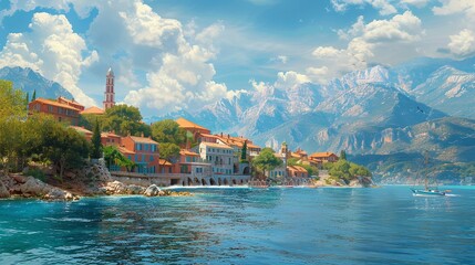 Oil Painting of a Small Town on the Mediterranean Sea