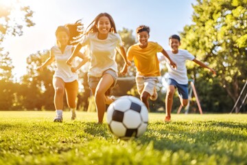 Multiethnic teenagers running after a soccer ball on a bright day