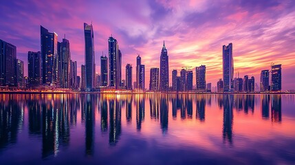 Obraz premium Stunning city skyline with skyscrapers reflected in water during a vibrant sunset, creating a picturesque urban scene.