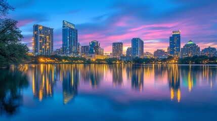Naklejka premium Stunning cityscape at sunset with colorful sky, tall buildings, and their reflections on a calm lake in the foreground.