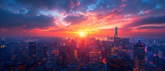 Fototapeta premium Ultra-sharp photo of a bustling city skyline at night, with towering skyscrapers and twinkling lights, capturing the vibrant energy and life of the metropolis.