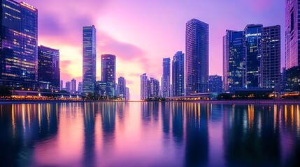 Obraz premium Stunning urban skyline at dusk with colorful reflections on the water and towering skyscrapers under a purple sky.