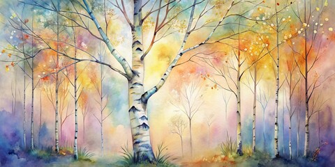 Soft pastels merge in harmony, infusing an abstract birch tree with ethereal hues, delicate textures, and organic