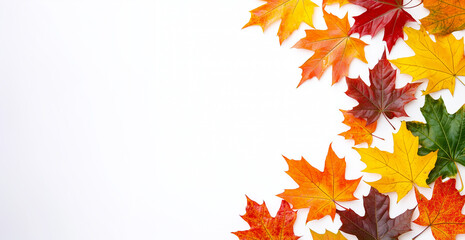 Colorful autumn leaves forming a only side area display a white background, including vibrant orange, red, and yellow maple leaves