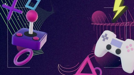 Joystick and game controller with geometric shapes animation on dark background - Powered by Adobe