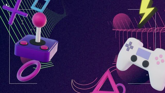 Joystick and game controller with geometric shapes animation on dark background - Powered by Adobe