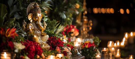 Beautiful close-up of a decorated Hindu altar with Ganesha statue, candles, and flowers creating a serene ambiance.