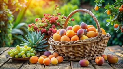 Succulent sitafal fruit, a vibrant apricot-orange hue, spills from a weathered wicker basket amidst lush greenery,