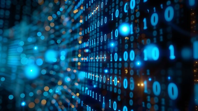 A digital matrix of blue binary code illuminated on a computer monitor, symbolizing data transmission and computer technology