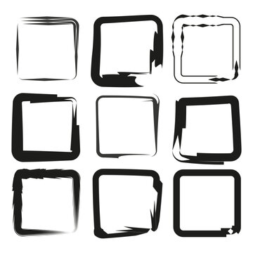 Distorted square frame set. Abstract black shapes. Nine unique variations. Dynamic edgy style.