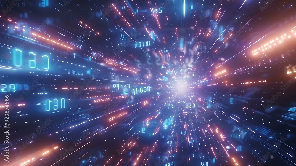 Poster A futuristic scene with blue binary digits scattered across a screen with a glowing grid overlay, representing complex data and programming