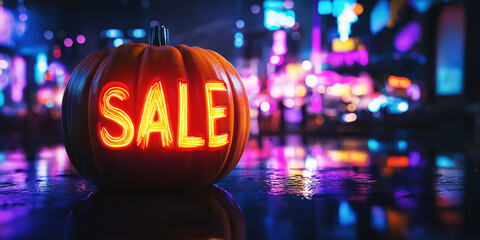 Halloween sale banner with copy space, orange pumpkin with a carved Sale sign glows with neon night city lights. Seasonal promotions concept.