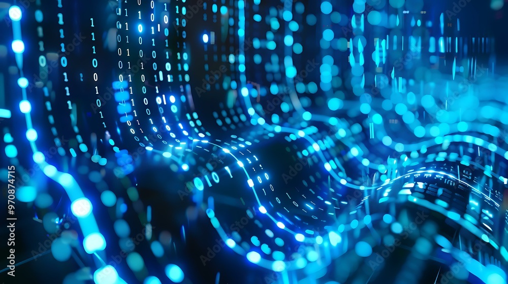 Poster An abstract visualization of binary numbers in blue flowing across a computer screen with dynamic motion, creating a high-tech digital environment
